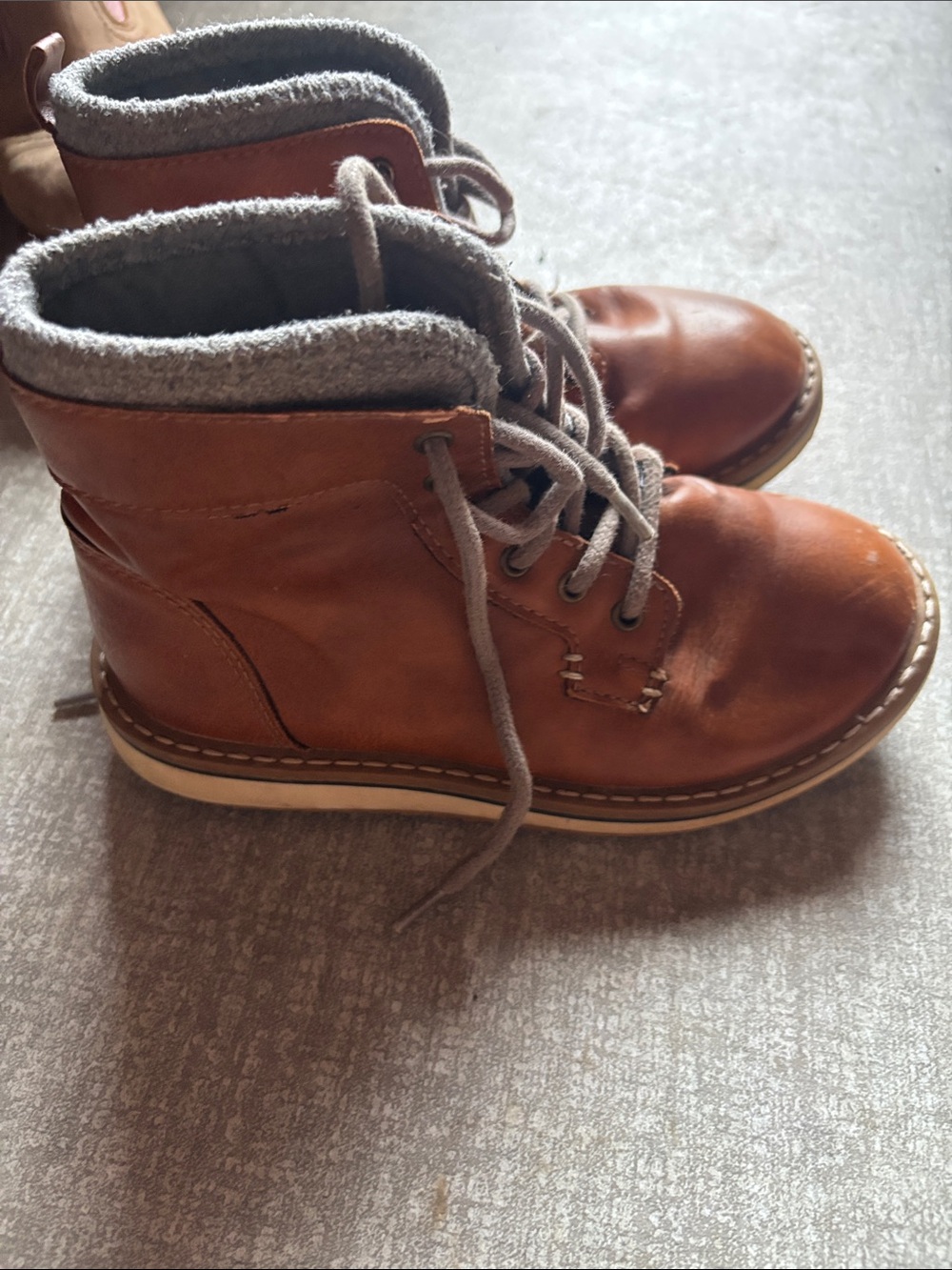 Old Navy Brown Leather Lace-Up Kids Boots with Gray Knit Collar